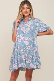 Blue Floral Button Up Collared Tiered Maternity Dress