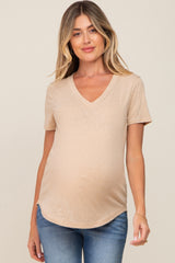 Beige V-Neck Short Sleeve Maternity Tee