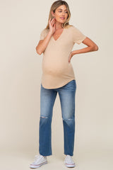 Beige V-Neck Short Sleeve Maternity Tee