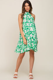 Green Floral Pleated Mock Neck Maternity Dress