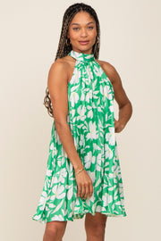 Green Floral Pleated Mock Neck Dress