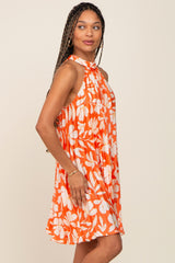 Orange Floral Pleated Mock Neck Dress