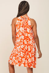 Orange Floral Pleated Mock Neck Dress