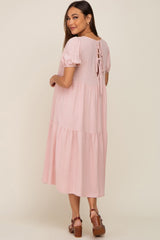 Mauve Linen Short Sleeve Tiered Back Tie Maternity Midi Dress