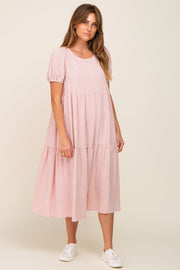 Mauve Linen Short Sleeve Tiered Back Tie Midi Dress