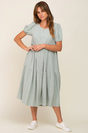 Light Olive Linen Short Sleeve Tiered Back Tie Midi Dress