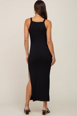 Black Ribbed Fitted Side Slit Maternity Midi Dress