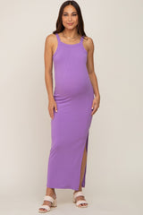 Lavender Ribbed Fitted Side Slit Maternity Midi Dress