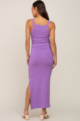 Lavender Ribbed Fitted Side Slit Maternity Midi Dress