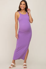 Lavender Ribbed Fitted Side Slit Maternity Midi Dress