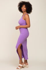 Lavender Ribbed Fitted Side Slit Midi Dress