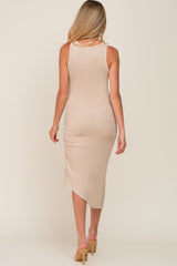 Beige Ribbed Halter Ruched Drawstring Side Maternity Midi Dress