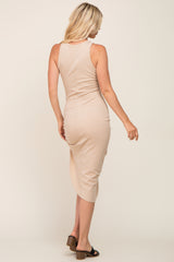 Beige Ribbed Halter Ruched Drawstring Side Midi Dress