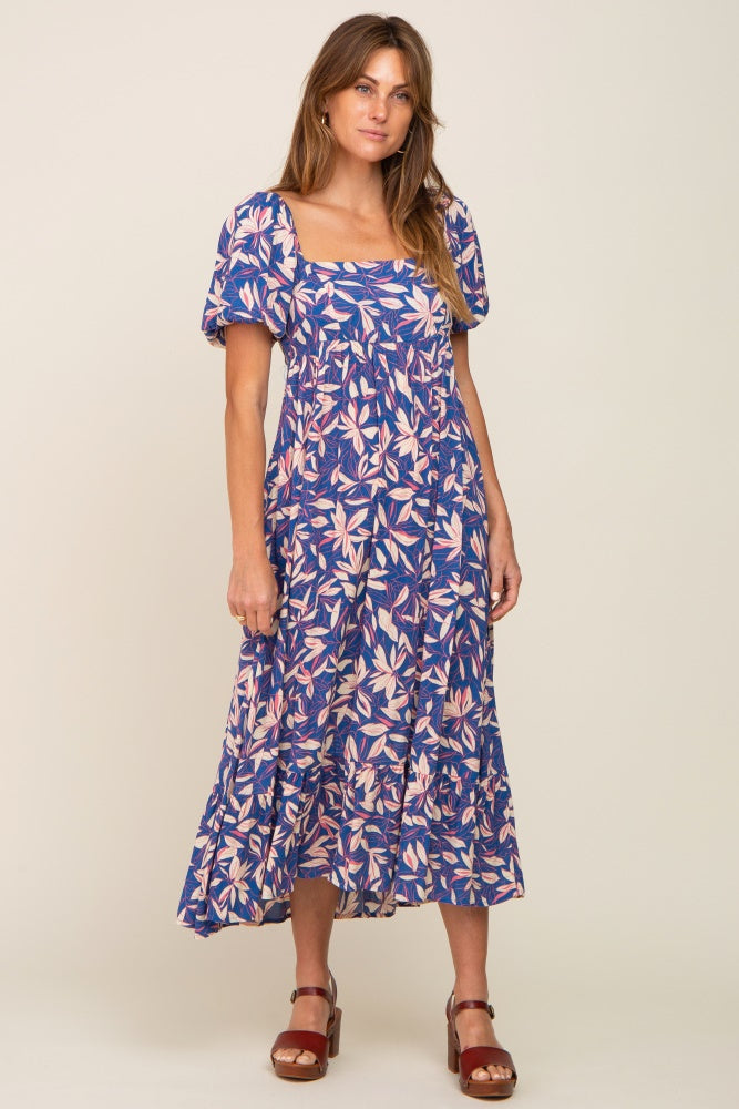 Blue Floral Puff Sleeve Midi Dress– PinkBlush