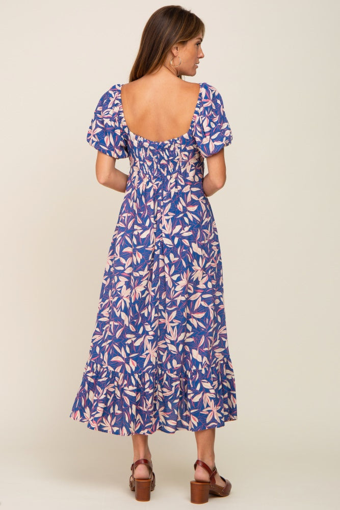 Blue Floral Puff Sleeve Midi Dress – PinkBlush