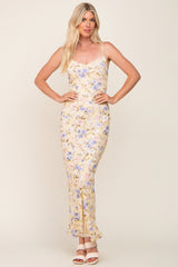 Yellow Floral Mesh V-Neck Maxi Dress