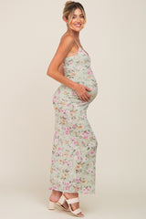 Mint Green Floral Mesh V-Neck Maternity Maxi Dress