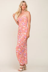 Coral Floral Mesh V-Neck Maxi Dress