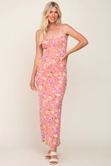 Coral Floral Mesh V-Neck Maxi Dress