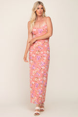 Coral Floral Mesh V-Neck Maxi Dress