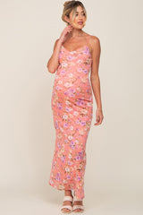 Coral Floral Mesh V-Neck Maternity Maxi Dress