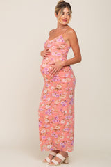 Coral Floral Mesh V-Neck Maternity Maxi Dress