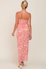 Coral Floral Mesh V-Neck Maternity Maxi Dress