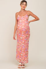 Coral Floral Mesh V-Neck Maternity Maxi Dress