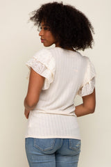 Cream Ribbed Layered Flounce Sleeve Top