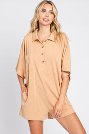 Camel Heathered Front Button Romper