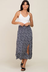 Navy Ditsy Floral Smocked Side Slit Midi Skirt