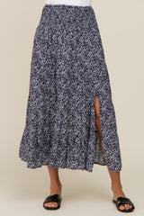 Navy Ditsy Floral Smocked Side Slit Midi Skirt