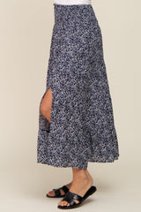 Navy Ditsy Floral Smocked Side Slit Midi Skirt