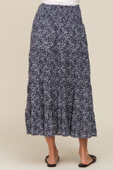 Navy Ditsy Floral Smocked Side Slit Midi Skirt