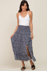 Navy Ditsy Floral Smocked Side Slit Midi Skirt