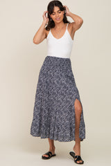 Navy Ditsy Floral Smocked Side Slit Midi Skirt