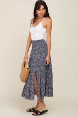 Navy Ditsy Floral Smocked Side Slit Midi Skirt