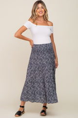 Navy Ditsy Floral Smocked Side Slit Maternity Midi Skirt