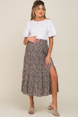 Brown Ditsy Floral Smocked Side Slit Maternity Midi Skirt