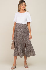 Brown Ditsy Floral Smocked Side Slit Maternity Midi Skirt