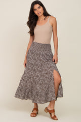 Brown Ditsy Floral Smocked Side Slit Maternity Midi Skirt