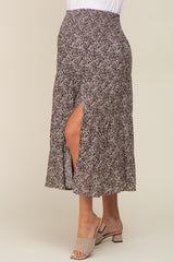 Brown Ditsy Floral Smocked Side Slit Maternity Midi Skirt