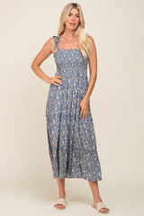 Blue Floral Smocked Maxi Dress