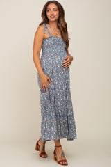 Blue Floral Smocked Maternity Maxi Dress