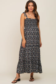 Black Floral Smocked Maternity Maxi Dress