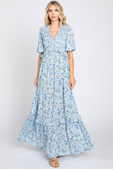 Light Blue Smocked V-Neck Flutter Short Sleeve Maternity Maxi Dress