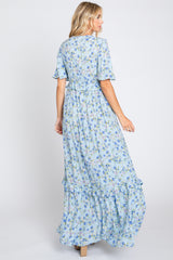 Light Blue Smocked V-Neck Flutter Short Sleeve Maxi Dress