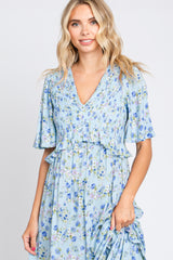 Light Blue Smocked V-Neck Flutter Short Sleeve Maxi Dress