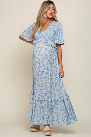 Light Blue Smocked V-Neck Flutter Short Sleeve Maternity Maxi Dress