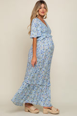 Light Blue Smocked V-Neck Flutter Short Sleeve Maternity Maxi Dress